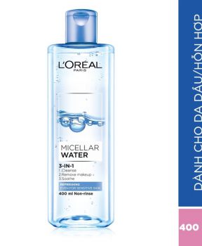 Nước Tẩy Trang L'Oreal Tươi Mát Cho Da Dầu, Hỗn Hợp 400ml Micellar Water 3-in-1 Refreshing Even For Sensitive Skin