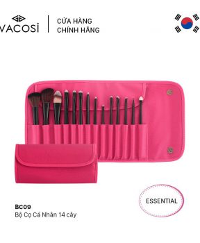Bộ Cọ Trang Điểm Vacosi 14 Cây BC09 (Bóp Da Hồng) Essential Brush Set BC09