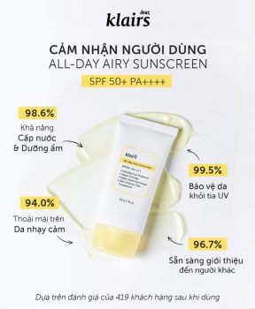 Kem Chống Nắng Klairs Ẩm Mượt, Làm Dịu Da 50g All-day Airy Sunscreen SPF50+ PA++++