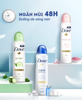 Xịt Khử Mùi Dove Dưỡng Da Sáng Mịn Hương Phấn Thơm 150ml Powder Soft Warm Powder Scent Anti-perspirant